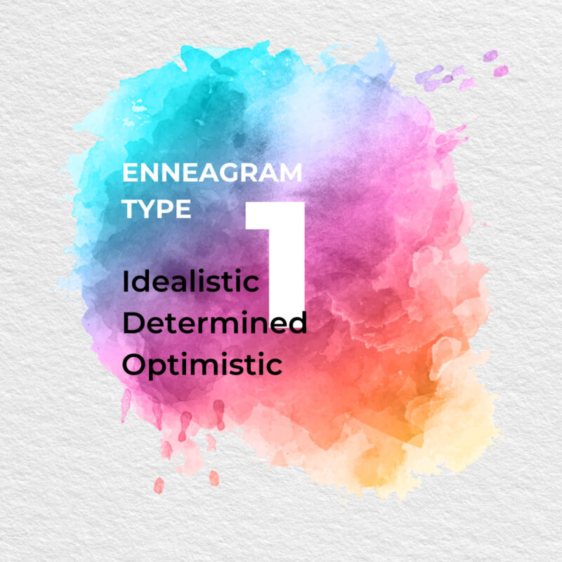 Enneagram Type 1 text reads Idealistic Determined optimistic on a watercolor background