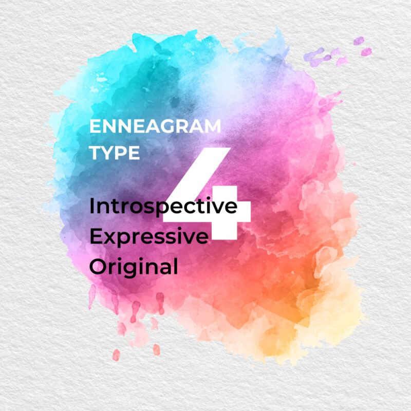 Enneagram Type 4 text reads Introspective, expressive, original on a watercolor Background